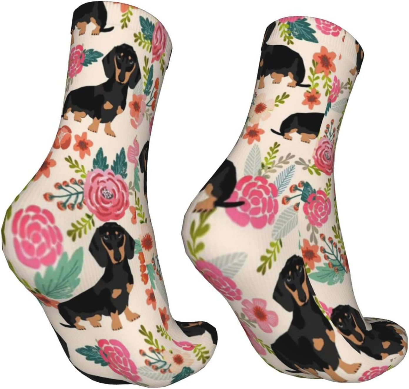 Dachshund Socks for Women,Funny Novelty Crew Crazy Socks Gifts for Men Women Pink Flowers