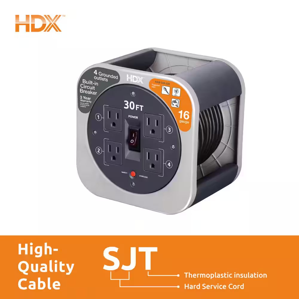 30 Ft. 16/3 Extension Cord Reel with 4 Grounded Outlets and Surge Protector in Gray