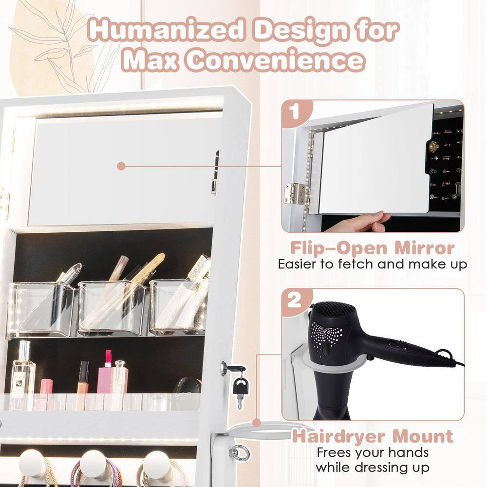 White Wood 16 In. W Standing Jewelry Armoire Cabinet Full Length Mirror Lockable with 3-Color LED Lights