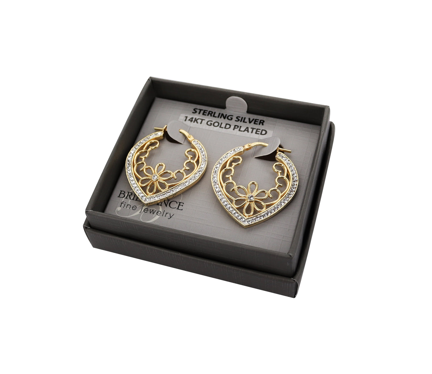 14K Gold Plated Sterling Silver Crystal Filigree Heart Adults Earrings