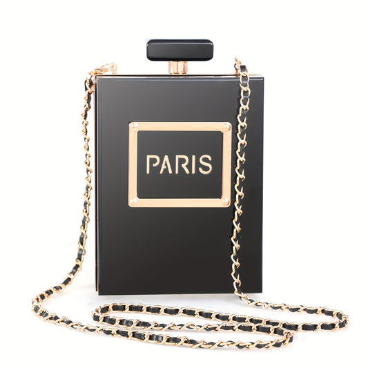 Vintage Paris Perfume Shaped Clutch Bag - Evening Bags for Women with Acrylic Body, Black Color, and Banquet Style - Perfect for Formal Occasions and Vintage Lovers