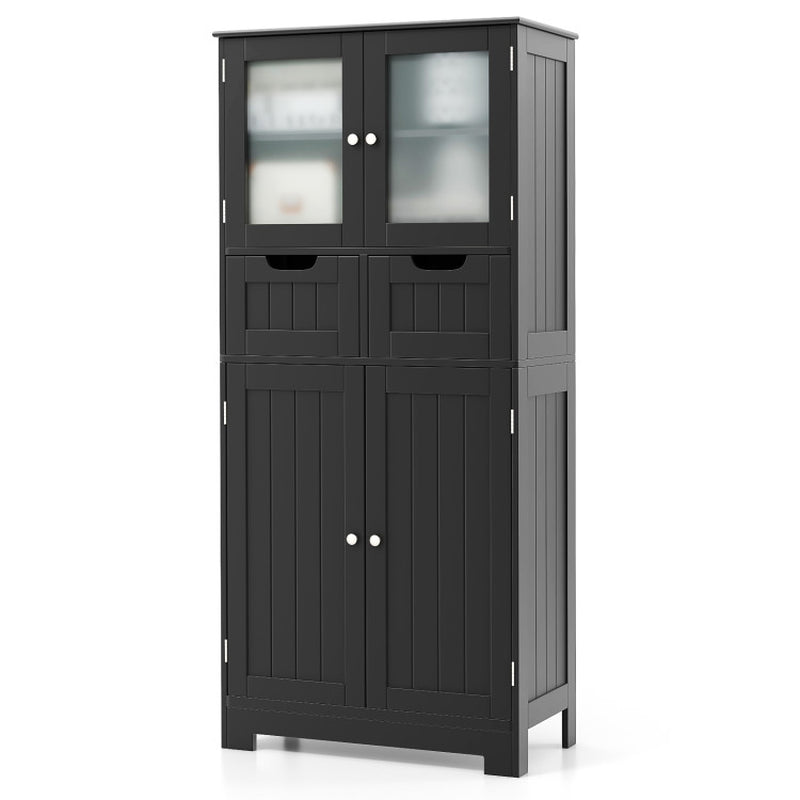 4 Door Freestanding Bathroom Floor Storage Cabinet with 2 Drawers and Glass Doors