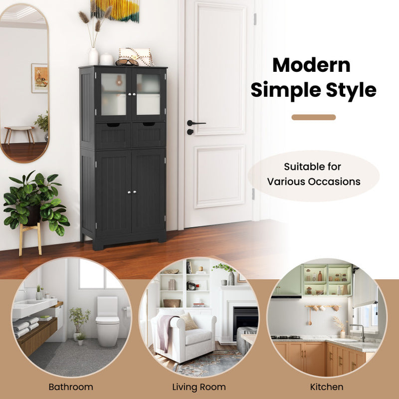 4 Door Freestanding Bathroom Floor Storage Cabinet with 2 Drawers and Glass Doors