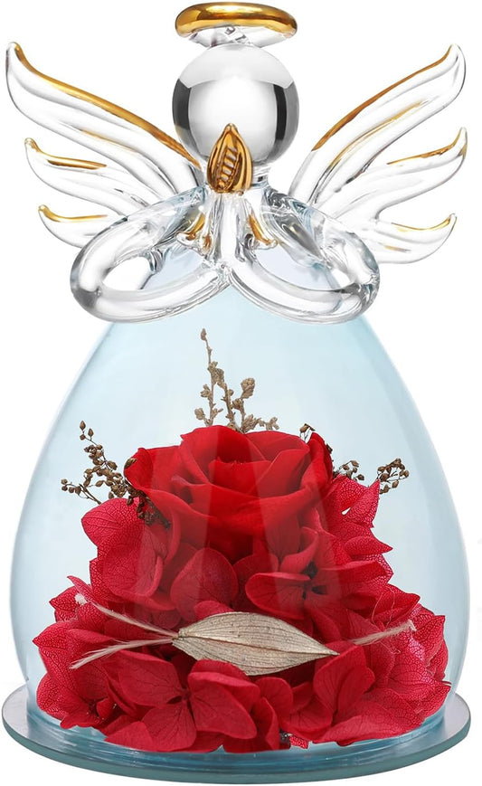Preserved Rose Birthday Gifts for Women Mom Grandma Wife, Glass Angel Figurines Gifts with Pretty Red Flowers for Anniversary Wedding