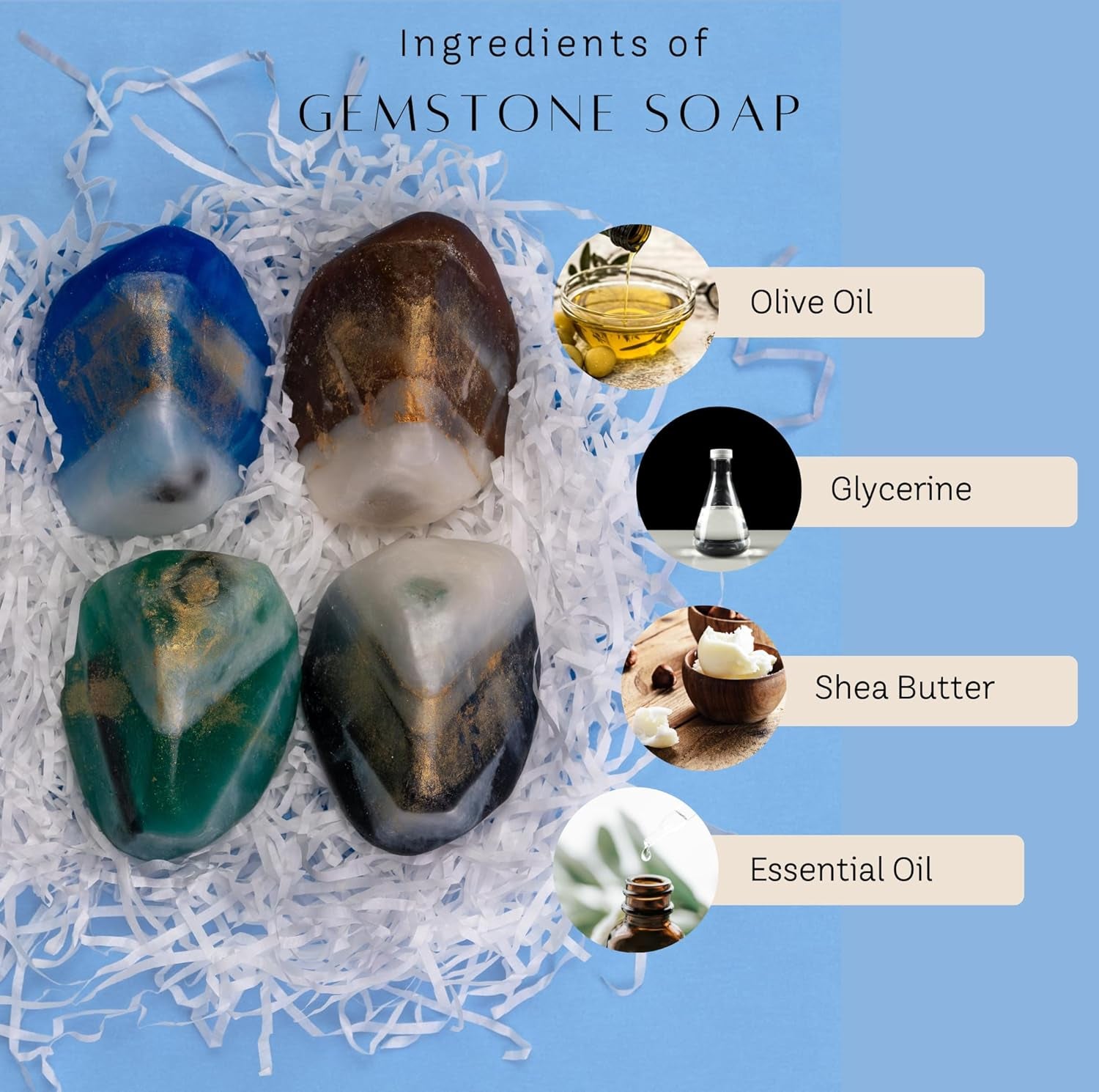 Gemstone Soap & Bath Bomb Set- Relaxing Spa Gift for Women- Mothers Day Gift Set- 4 Decorative Scented Rock Soap with Crystals and 4 Fizzy Bath Bomb- with Natural Ingredients & Essential Oil