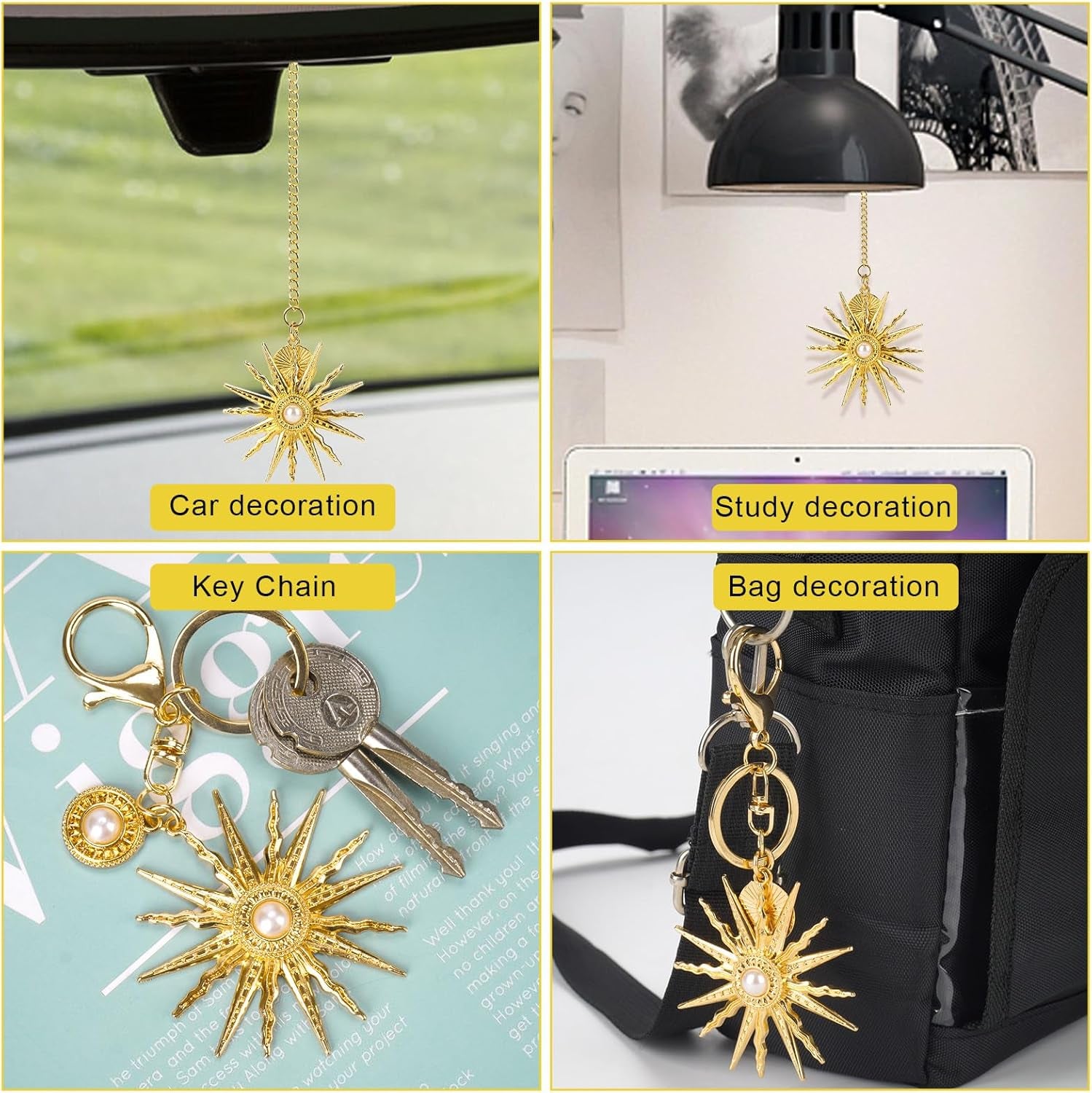 Sun Hanging Rear View Mirror Accessories, Boho Aesthetic Keychain Rearview Mirror Hanging Car Charm Ornament for Women & Men (Gold)