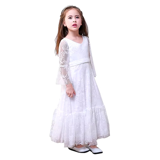 White Lace Dress Girls Flare Full Sleeve Girl Princess Dress Girl Wedding Dress Fancy Party Pageant Formal Dress