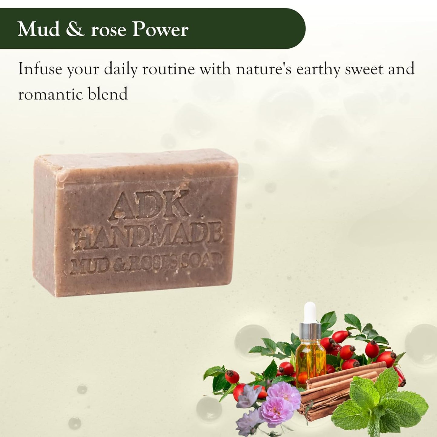 ADK Natural Mud & Rose Soap Bar 4 Oz., Handmade Vegan Olive Oil Body Soap for Dry and Sensitive Skin, Moisturising for Men, Women & Babies, Produced in the USA