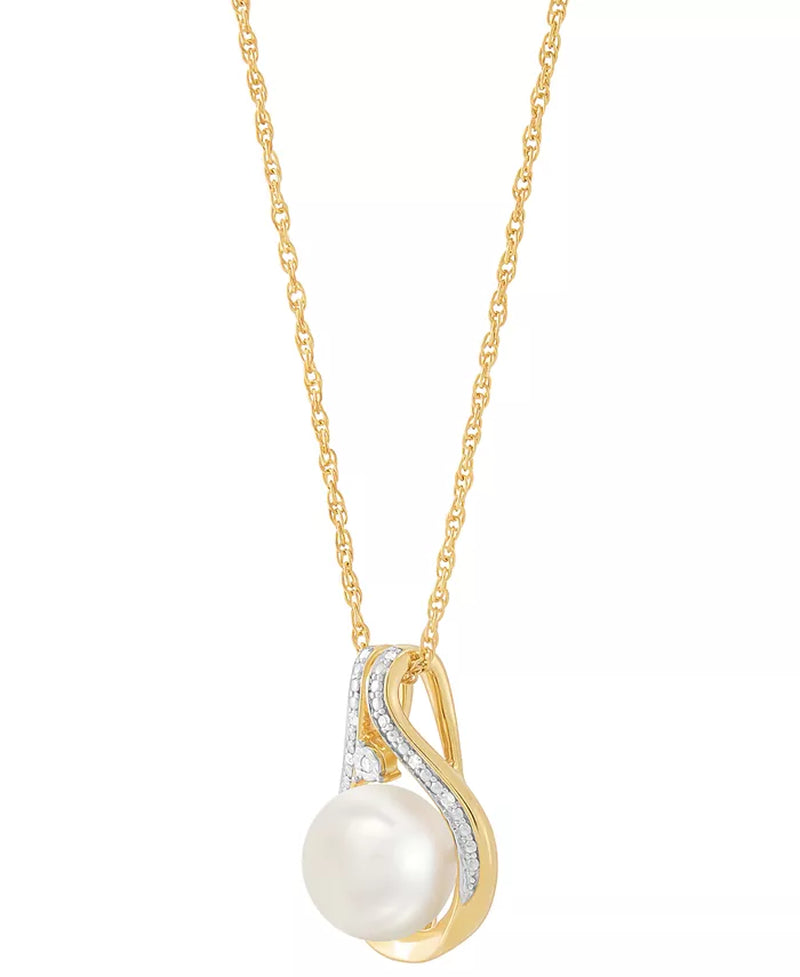 2-Pc. Set Cultured Freshwater Pearl (8 & 9Mm) & Diamond Accent Halo Pendant Necklace & Matching Stud Earrings in 14K Gold-Plated Sterling Silver