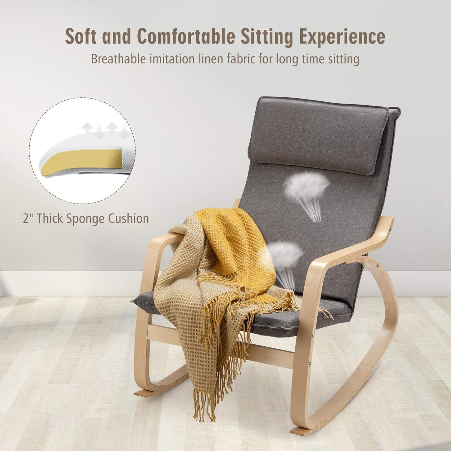 Rocking Chair with Removable Upholstered Cushion, Stable Wooden Frame Relaxing Modern Leisure Armchair Suitable for Living Room, Bedroom, Balcony, Nursery Room Ergonomic Chair (2, Gray)