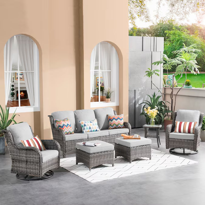 6 -Piece Rattan Patio Sofa Conversation Set with Beige Cushions
