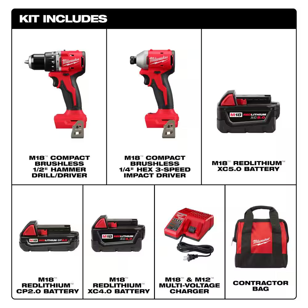 M18 18-Volt Lith-Ion Brushless Cordless Compact Hammer Drill/Impact Combo Kit W/(2) Batteries & M18 5.0 Ah Battery