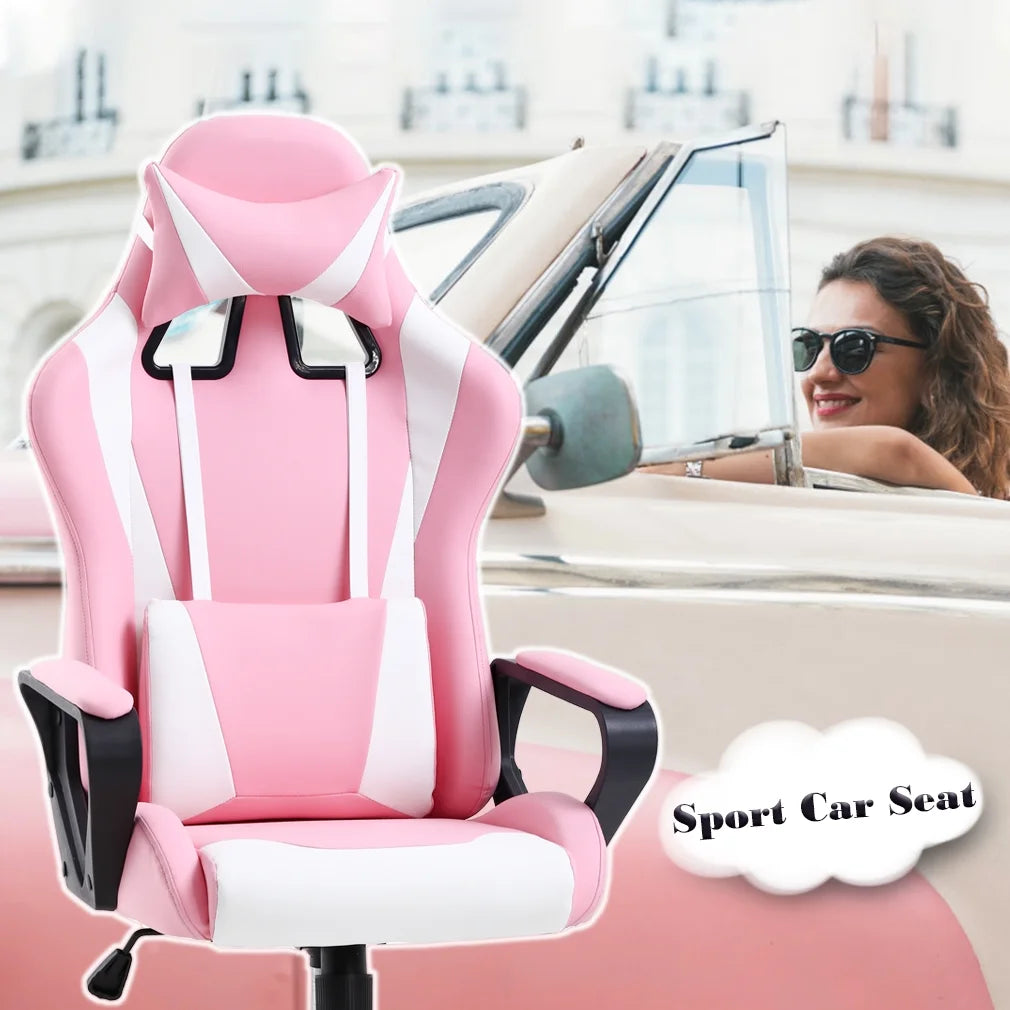 Racing Style Gaming Chair with Adjustable Pillows and Reclining Backrest for Women Gamers(Pink)