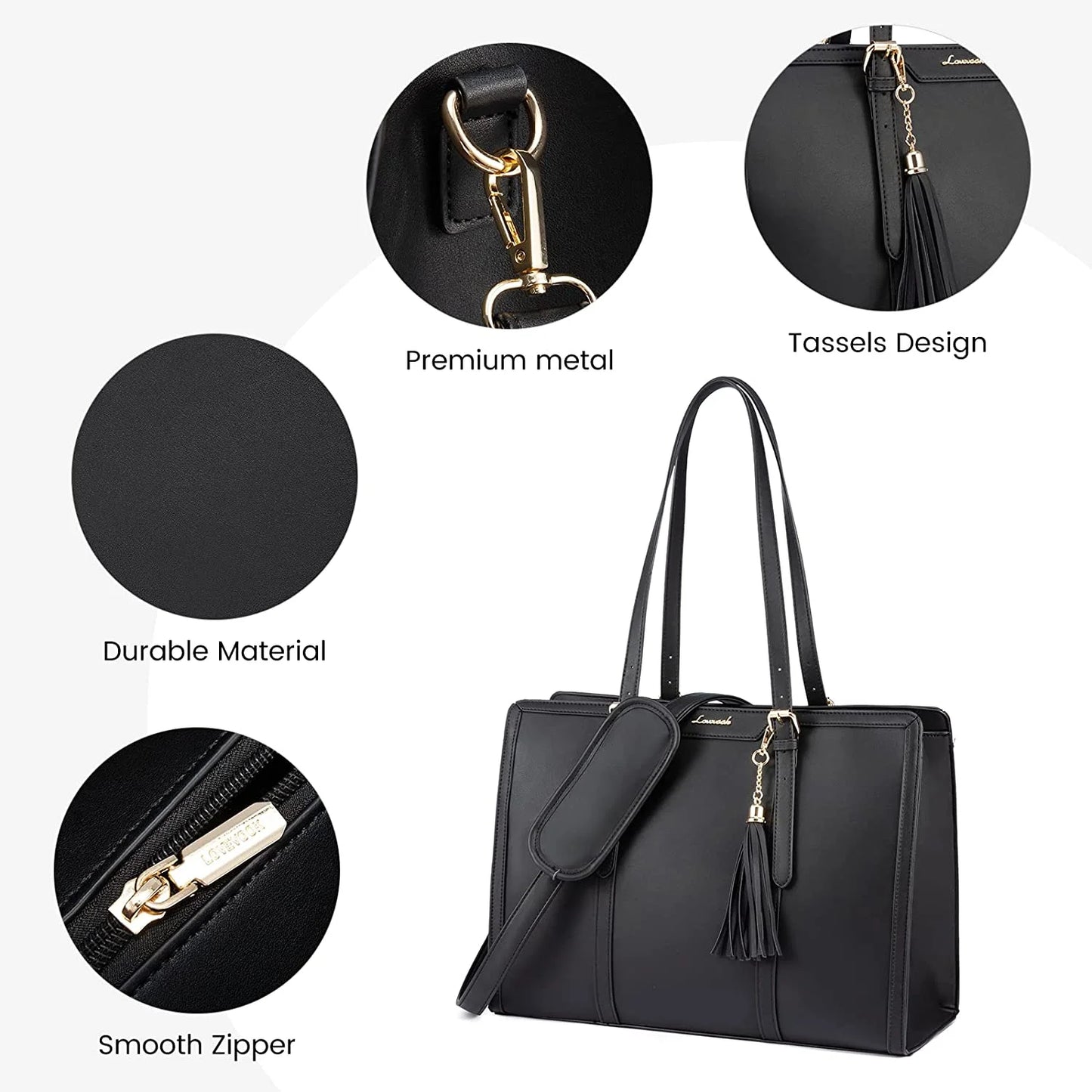 Laptop Tote Bag for Women,Pu Leather Laptop Purses,Large Capacity Laptop Bag Computer Bag with Clutch Purse for Business,Work,Study,Office,Travel-Black