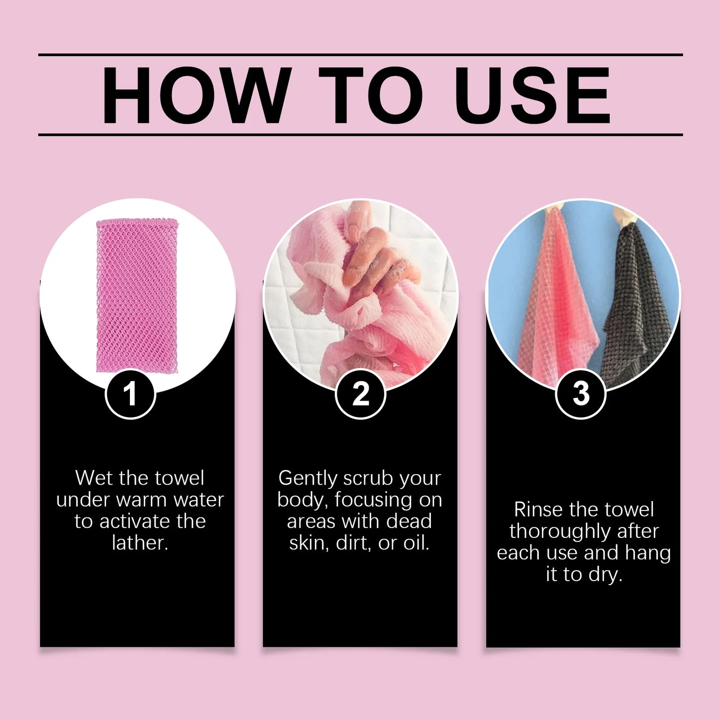 Exfoliating Back Scrubber Bath Gloves, Exfoliating Shower Towel for Body Scrub, Back Cleaner Wash Gloves to Remove Dead Skin (Pink)