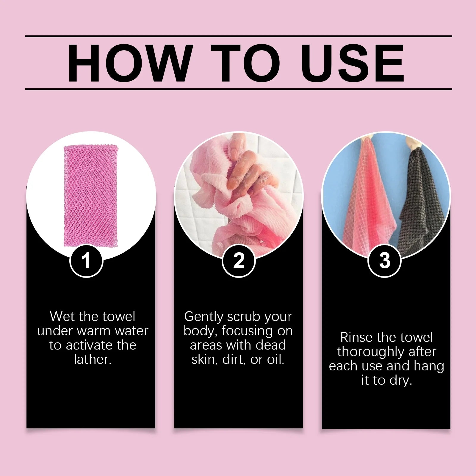 Exfoliating Back Scrubber Bath Gloves, Exfoliating Shower Towel for Body Scrub, Back Cleaner Wash Gloves to Remove Dead Skin (Pink)