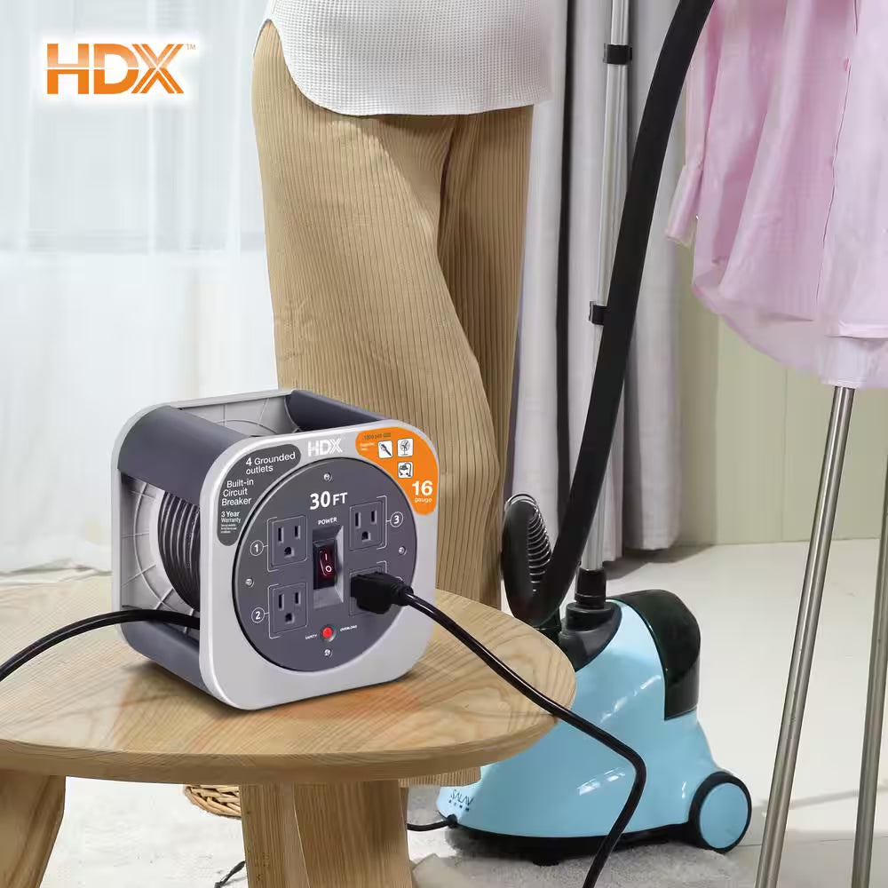 30 Ft. 16/3 Extension Cord Reel with 4 Grounded Outlets and Surge Protector in Gray
