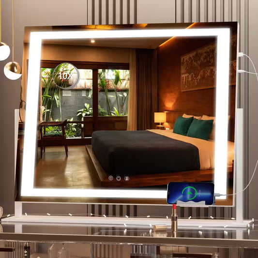 24.2 In. W X 18.9 In. H Square White Frame LED Makeup Mirror, 10X Magnification, USB Charging Port, 360° Rotation