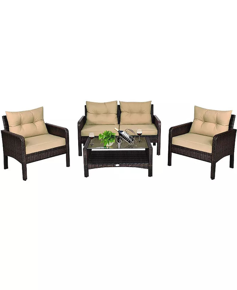4PCS Patio Rattan Furniture Set Loveseat Sofa Coffee Table Garden