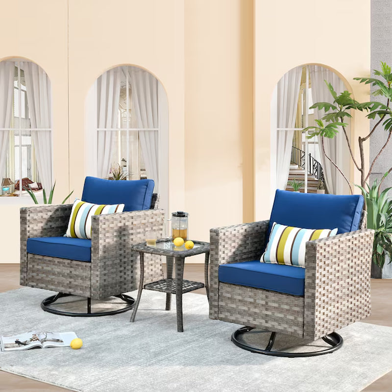Shine Set of 2 Rattan Gray Swivel Rocker Rocking Chair with Orange Cushioned Seat