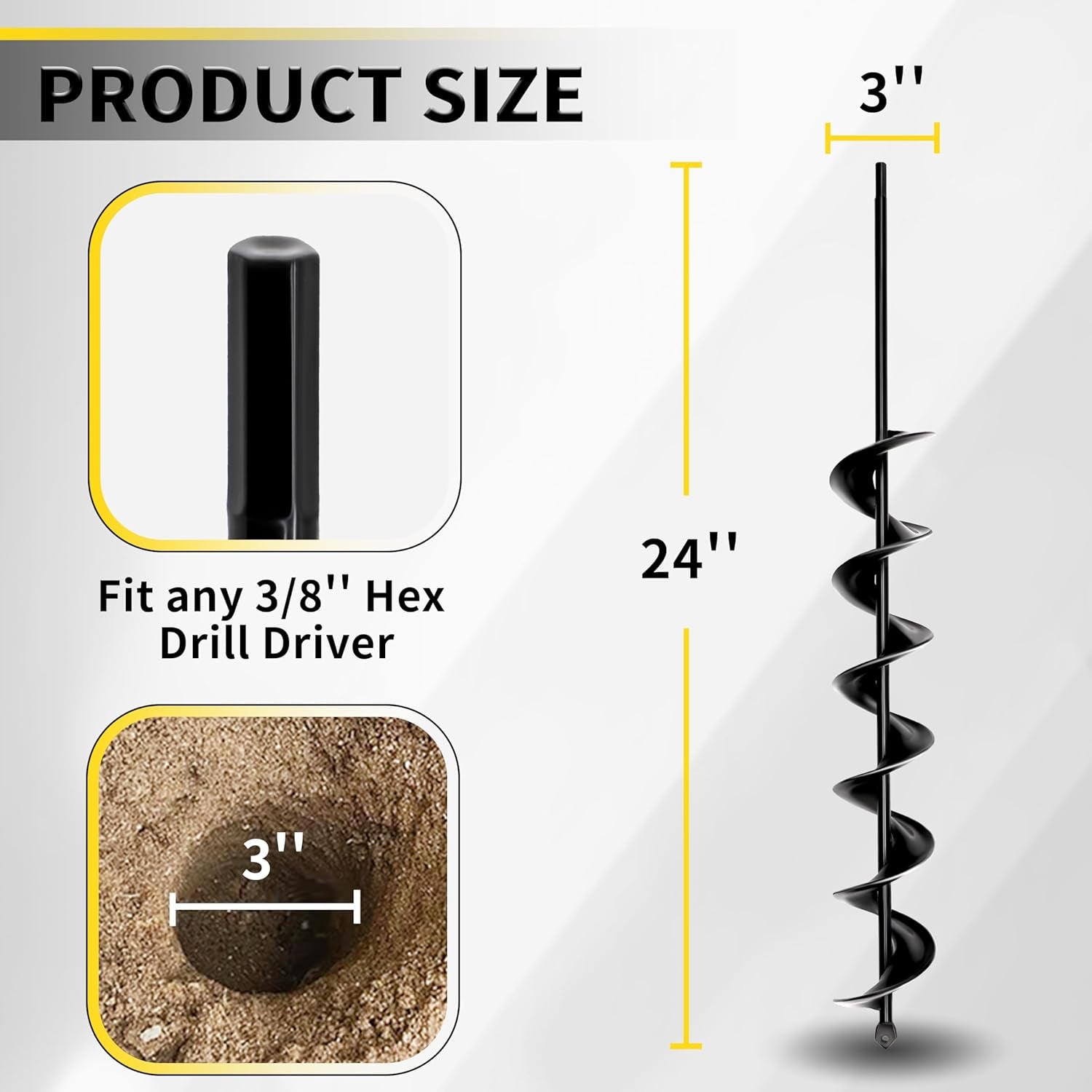 3" X 24" Garden Auger Drill Bit for Planting and Post Hole Digging - Upgraded Spiral Design, Solid Shaft - Hex Driver Drill Compatible