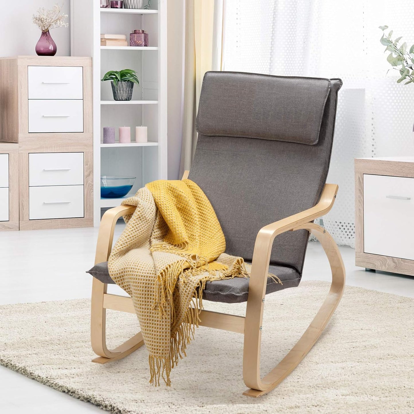 Rocking Chair with Removable Upholstered Cushion, Stable Wooden Frame Relaxing Modern Leisure Armchair Suitable for Living Room, Bedroom, Balcony, Nursery Room Ergonomic Chair (2, Gray)