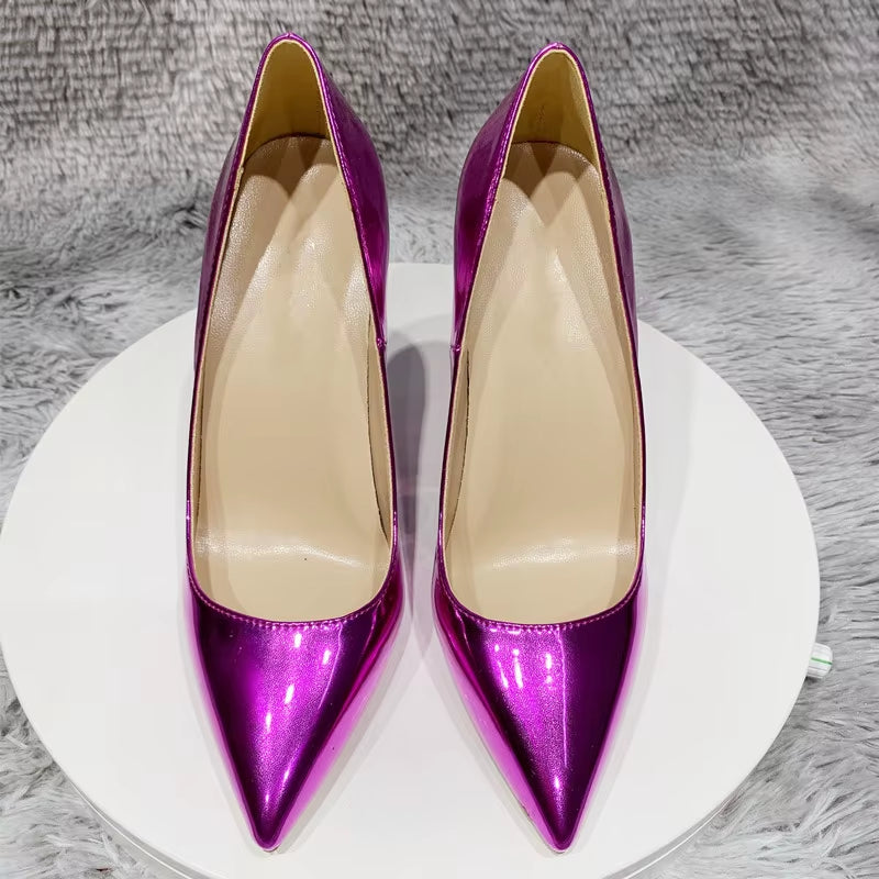 Sexy Shiny Purple 12Cm High Heels Women Pointy Toe Stiletto Pumps Fashion 8Cm 10Cm 12Cm OL Slip on Wedding Party Shoes
