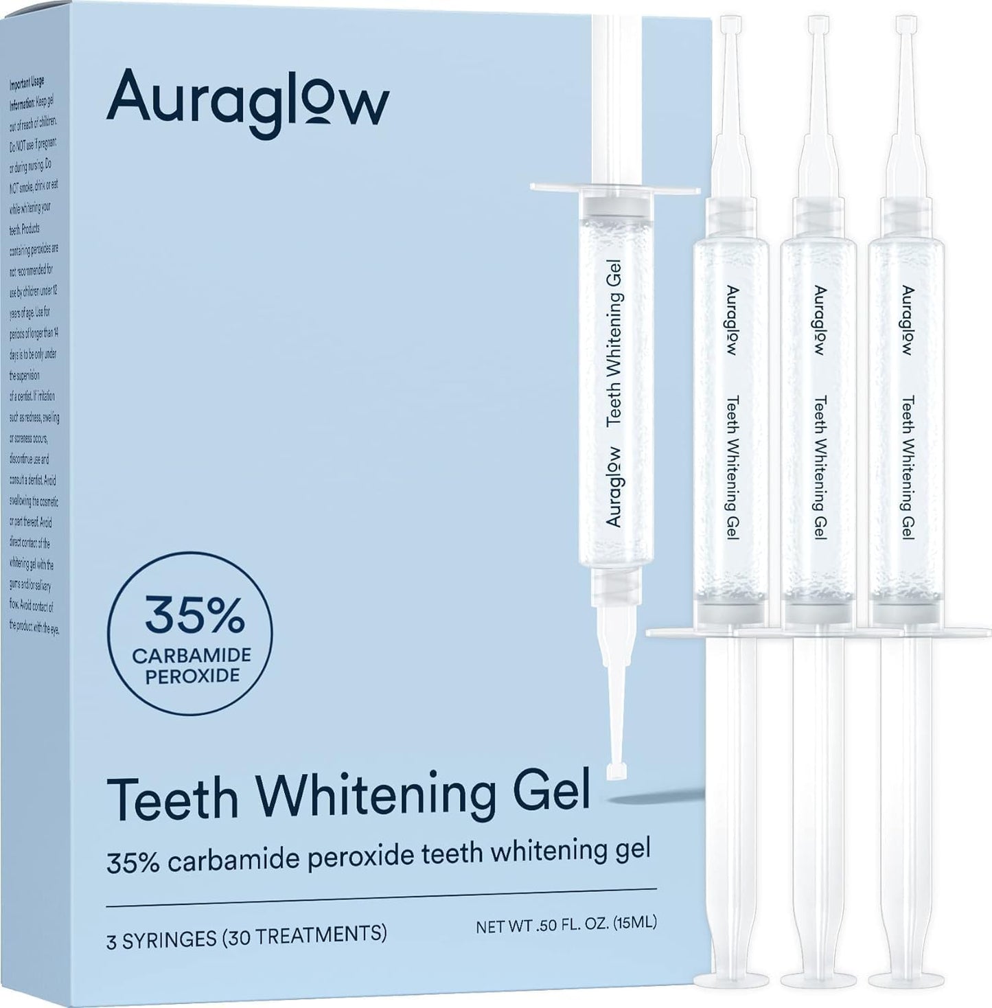 35% Teeth Whitening Gel Syringe Refill Pack, 35% Carbamide Peroxide, 30 Whitening Treatments, (3) 5Ml Whitening Gel Syringes, Sensitive Teeth Whitening