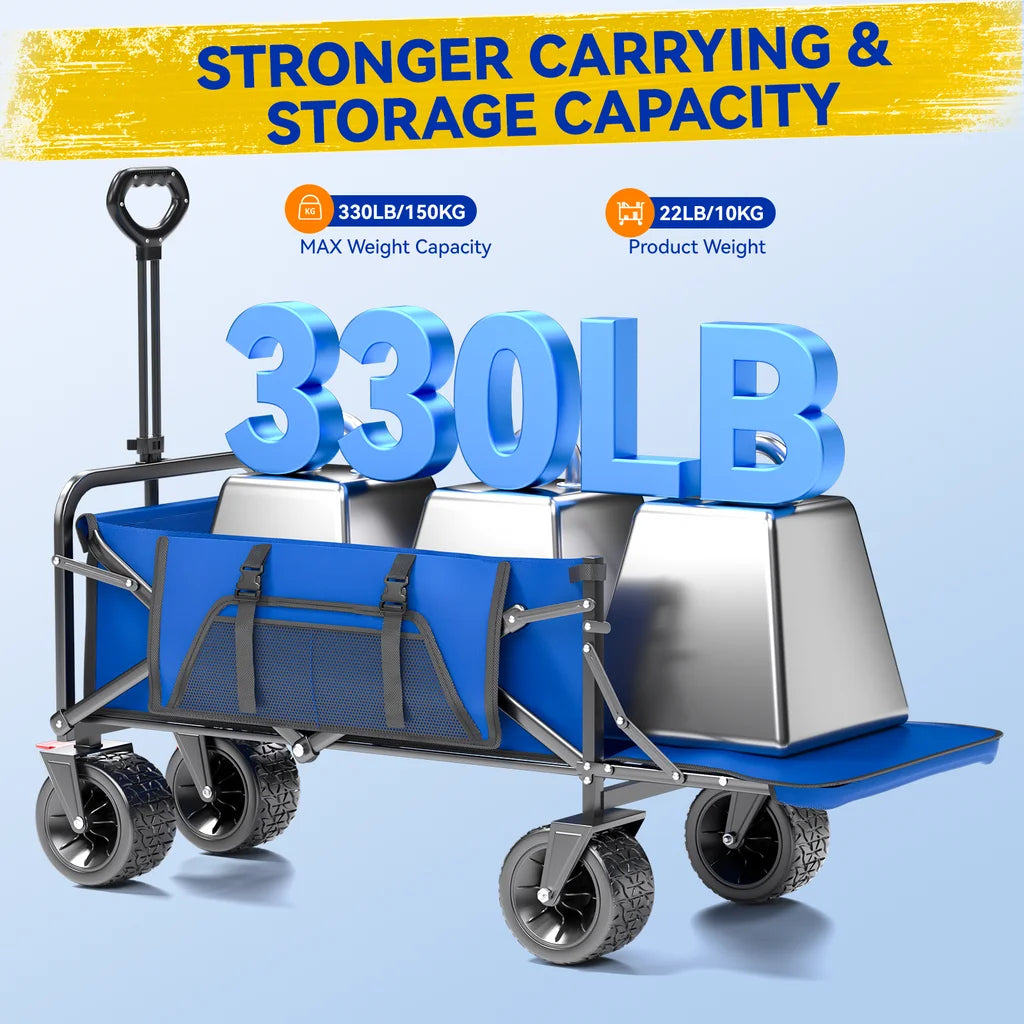 Collapsible Camping Garden Wagon, All-Terrain Tank Wheels for Camping with Extended Tailgate, Sports, Shopping, Beach, Support up to 330Lbs, Blue