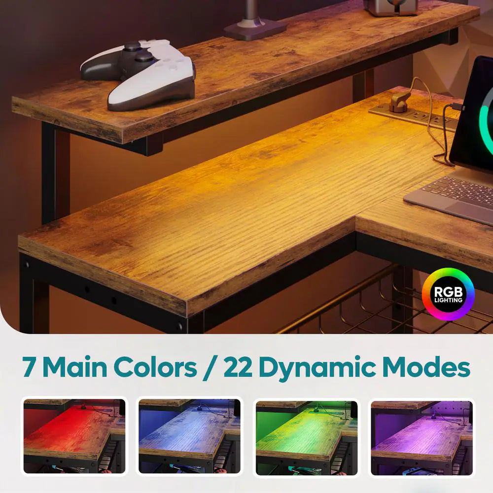 58 In. L-Shaped Rustic Brown LED Gaming Desk with Storage Shelf and Power Outlets