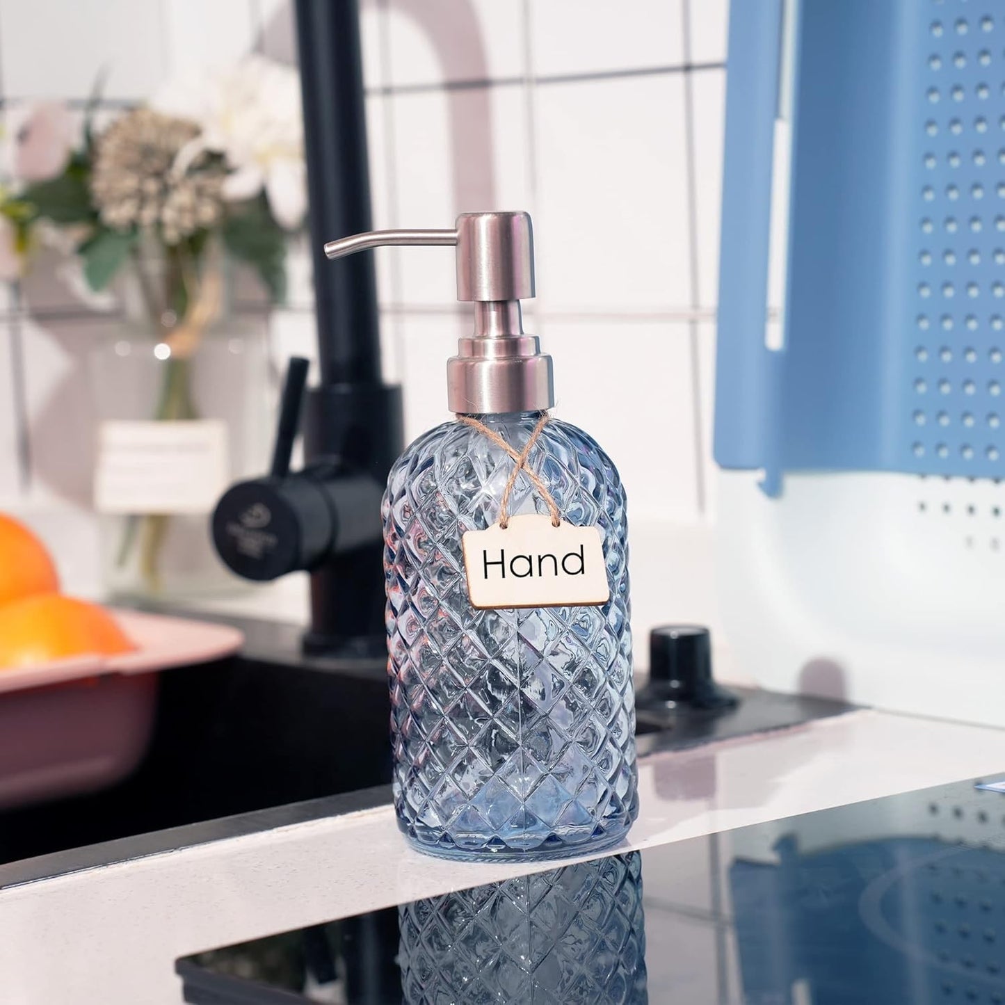 16 Oz Diamond Glass Soap Dispenser for Kitchen or Bathroom