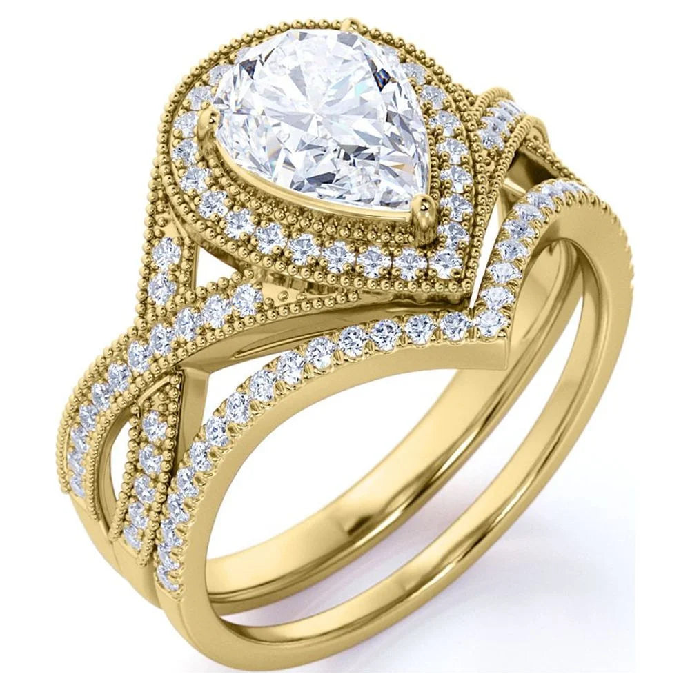 1.5 Carat Pear Cut Moissanite Wedding Set - Bridal Set - Art Deco Ring - Halo Ring - Cluster Ring - 18K Yellow Gold over Silver