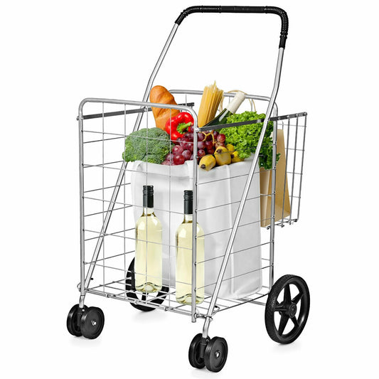 Utility Shopping Cart Foldable Jumbo Basket Outdoor Grocery Laundry Silver
