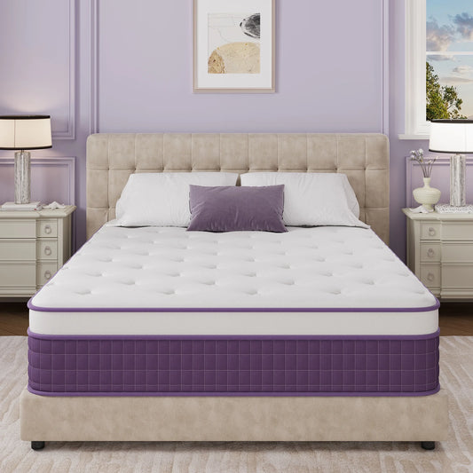 Full Mattress 12 Inch, Purple Full Size Mattress in a Box, Hybrid Mattress with Memory Foam & Pocket Coils, Medium Firm for Pressure Relief, Certipur-Us