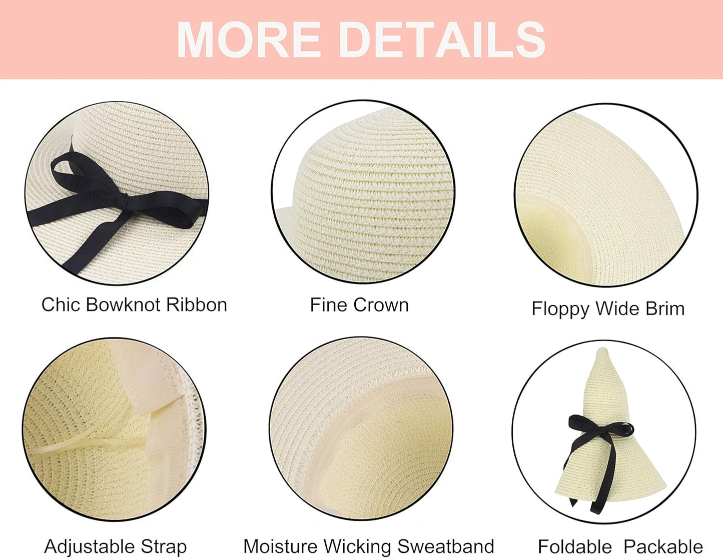 Womens Wide Brim Straw Sun Hat Floppy Foldable Roll up Cap UPF 50+ Summer Beach Hats