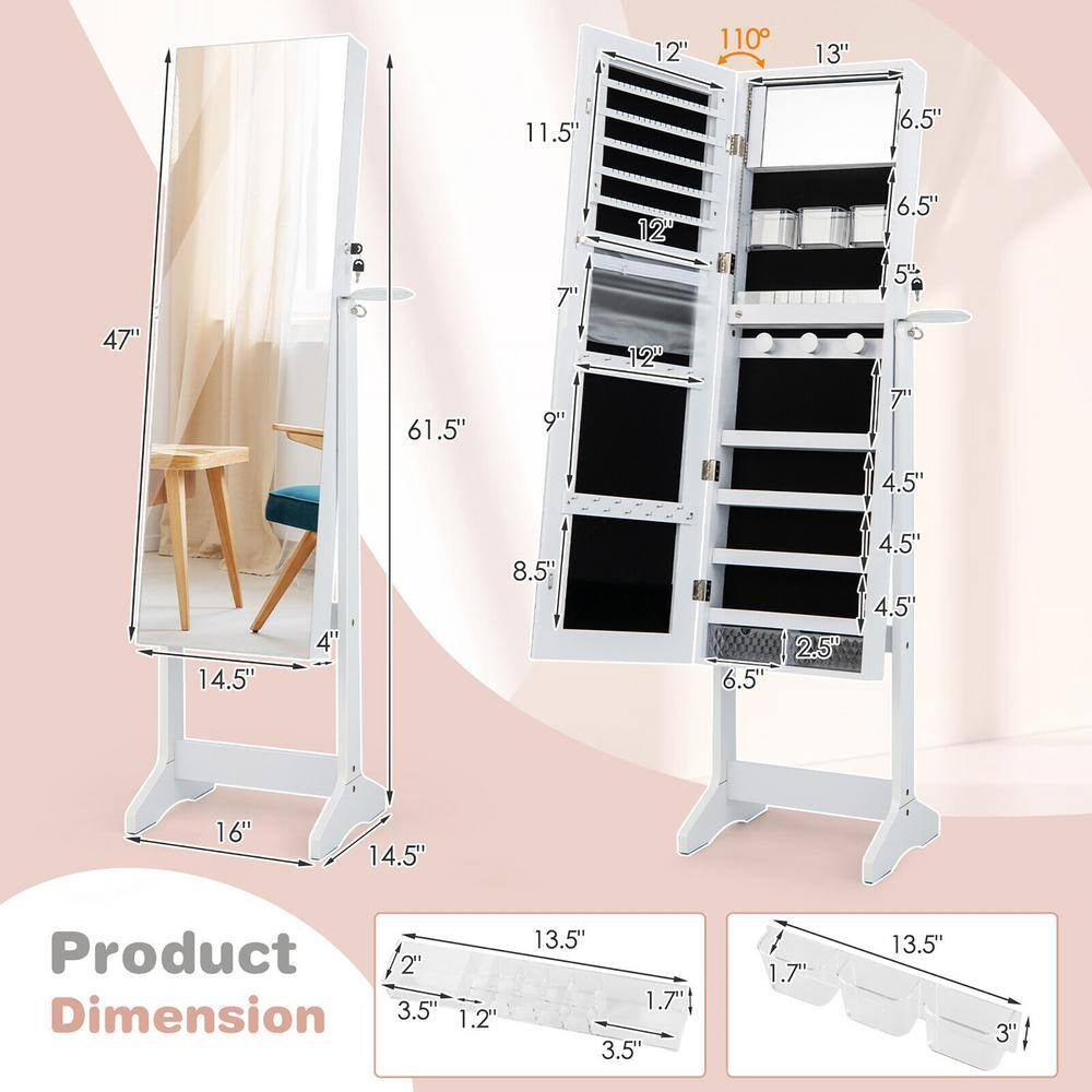 White Wood 16 In. W Standing Jewelry Armoire Cabinet Full Length Mirror Lockable with 3-Color LED Lights