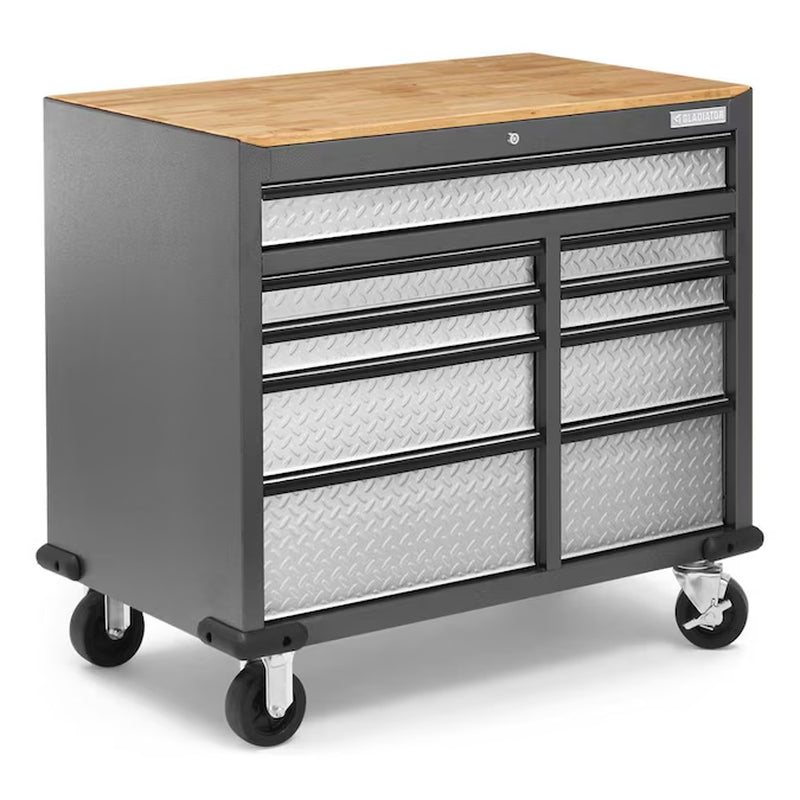 41-In L X 24.5-In H 9 -Drawers Rolling Hammered Granite Wood Portable Work Bench