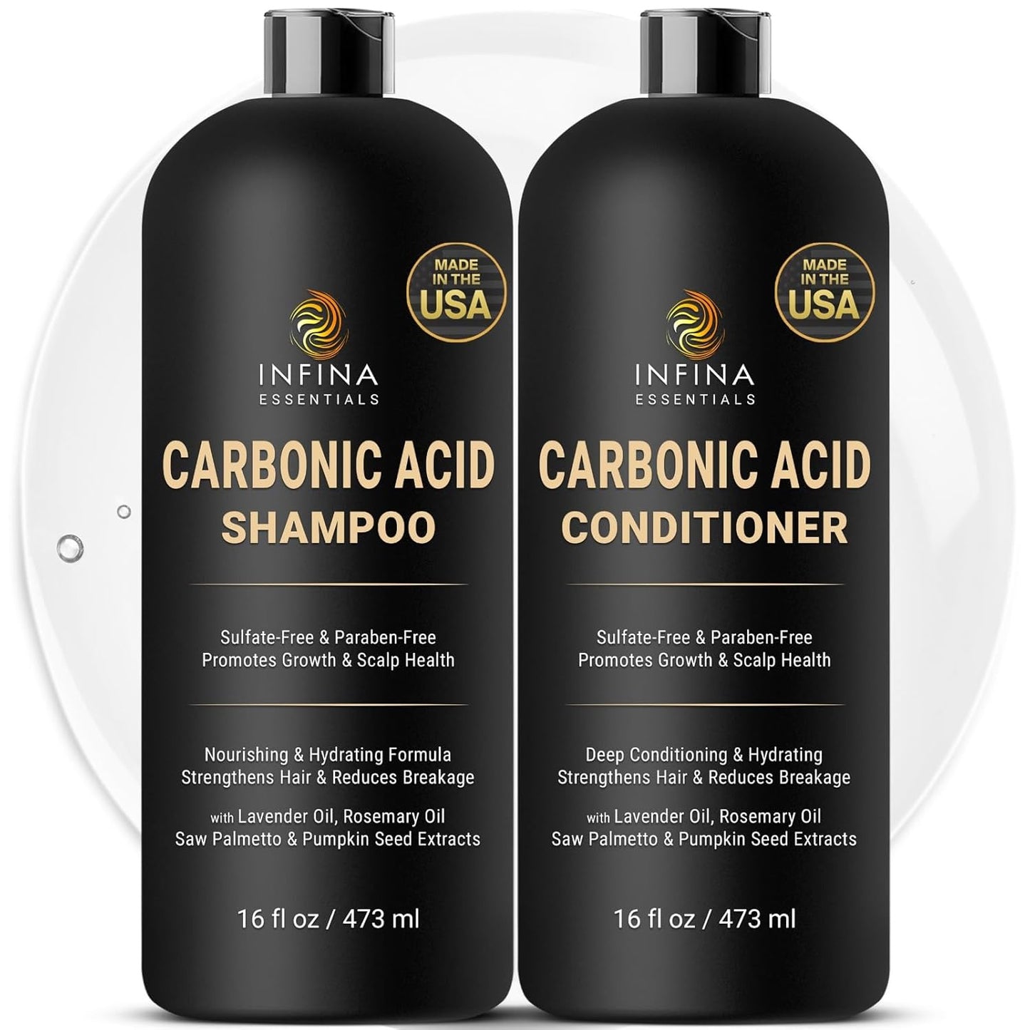 Carbonic Acid Shampoo and Conditioner Set for Men & Women - Sulfate-Free Hair Growth Shampoo and Conditioner - 16 F Oz Each, Black