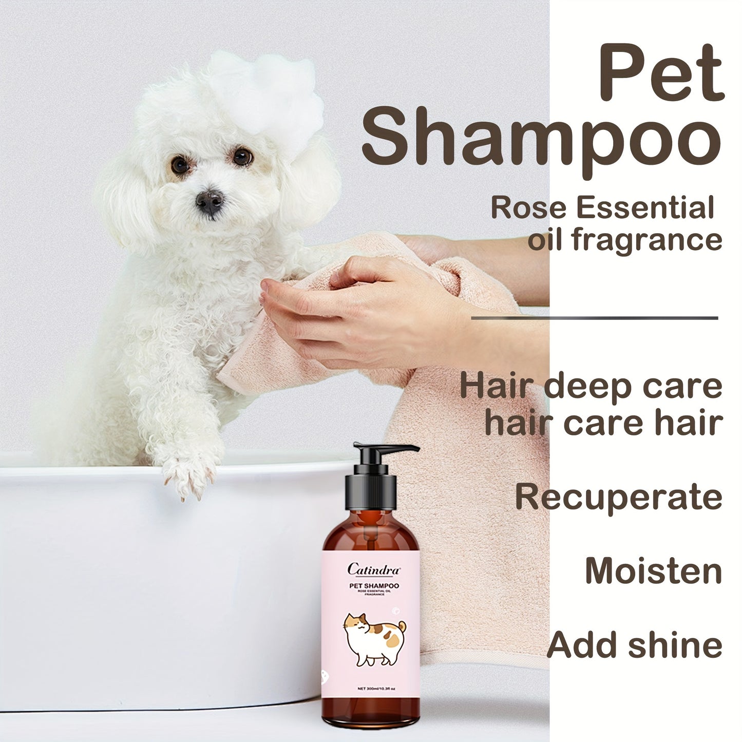 1pc GentleCare Catindra Pet Shampoo - Soothing Rose Essential Oil Fragrance, Tear-Free Formula, Non-Irritating, Odor-Eliminating, Softening Fur Care for Dogs and Cats - 300ml Bottle
