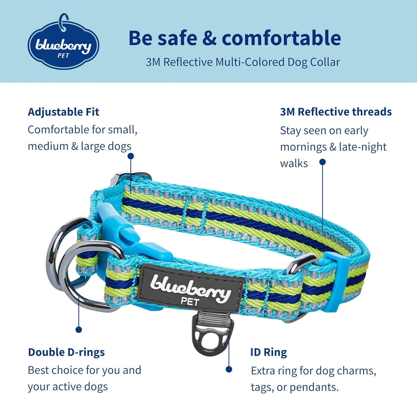 Safety Dog Collar with Dual D-Rings | 3M Reflective Multi-Colored Adjustable Collar in Blue and Yellow | Soft Nylon Dog Collar for Active Large Dogs