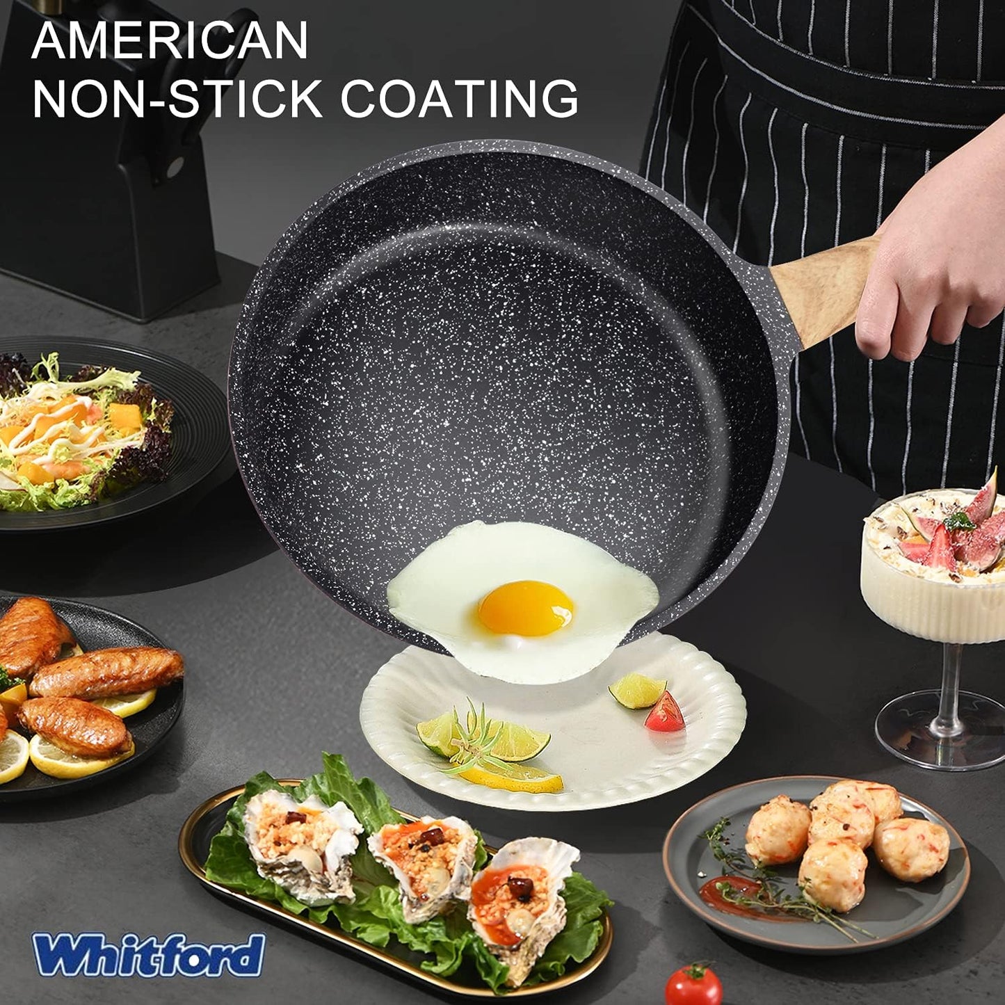 Nonstick Frying Pan Skillet Granite Coating Egg Omelet Pan 8 Inch Nonstick Pan with Woodgrain Handle, Non Stick Cooking Pans for All Stove Tops, PTFE PFOA Free, Induction Compatible