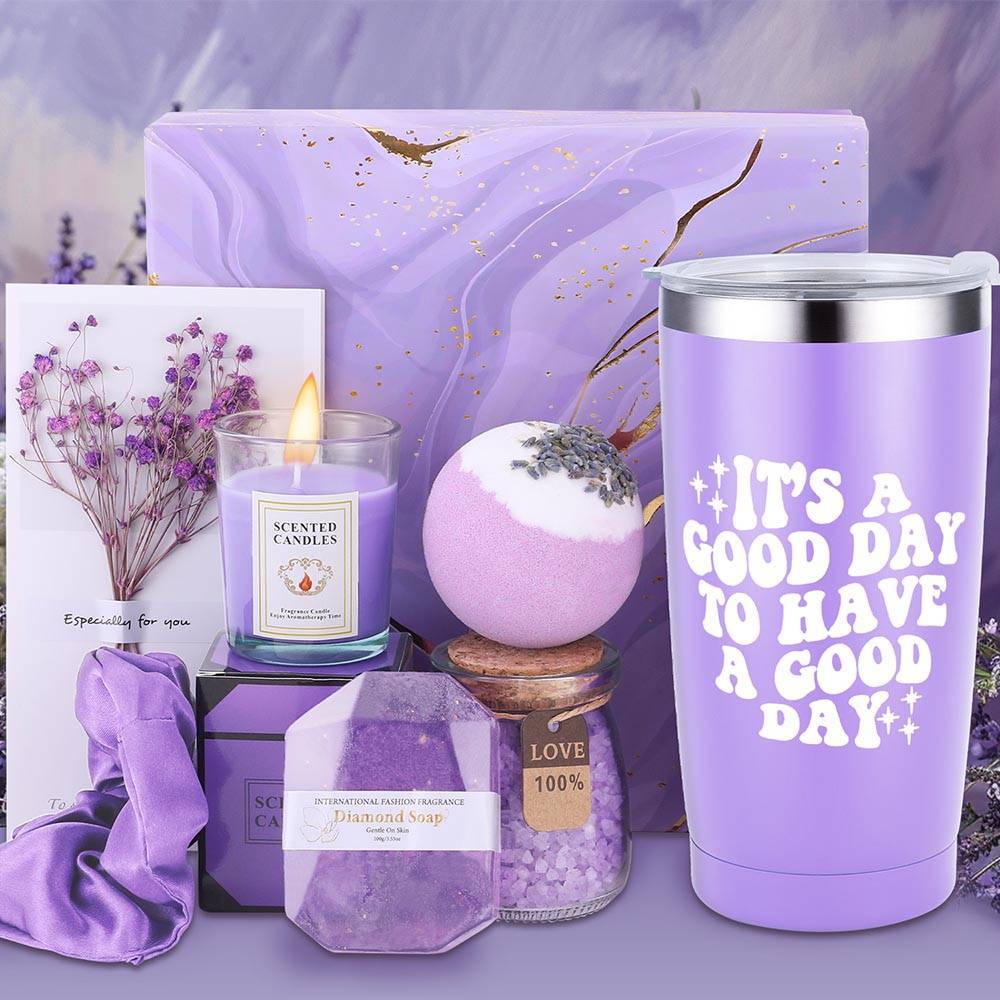 Lavender Bliss 8pcs Gift Set: Insulated Tumbler, Greeting Card, Hair Tie, Scented Candle, Bath Salts, Bath Bomb, Soap Bar - Alcohol-Free for All Skin Types