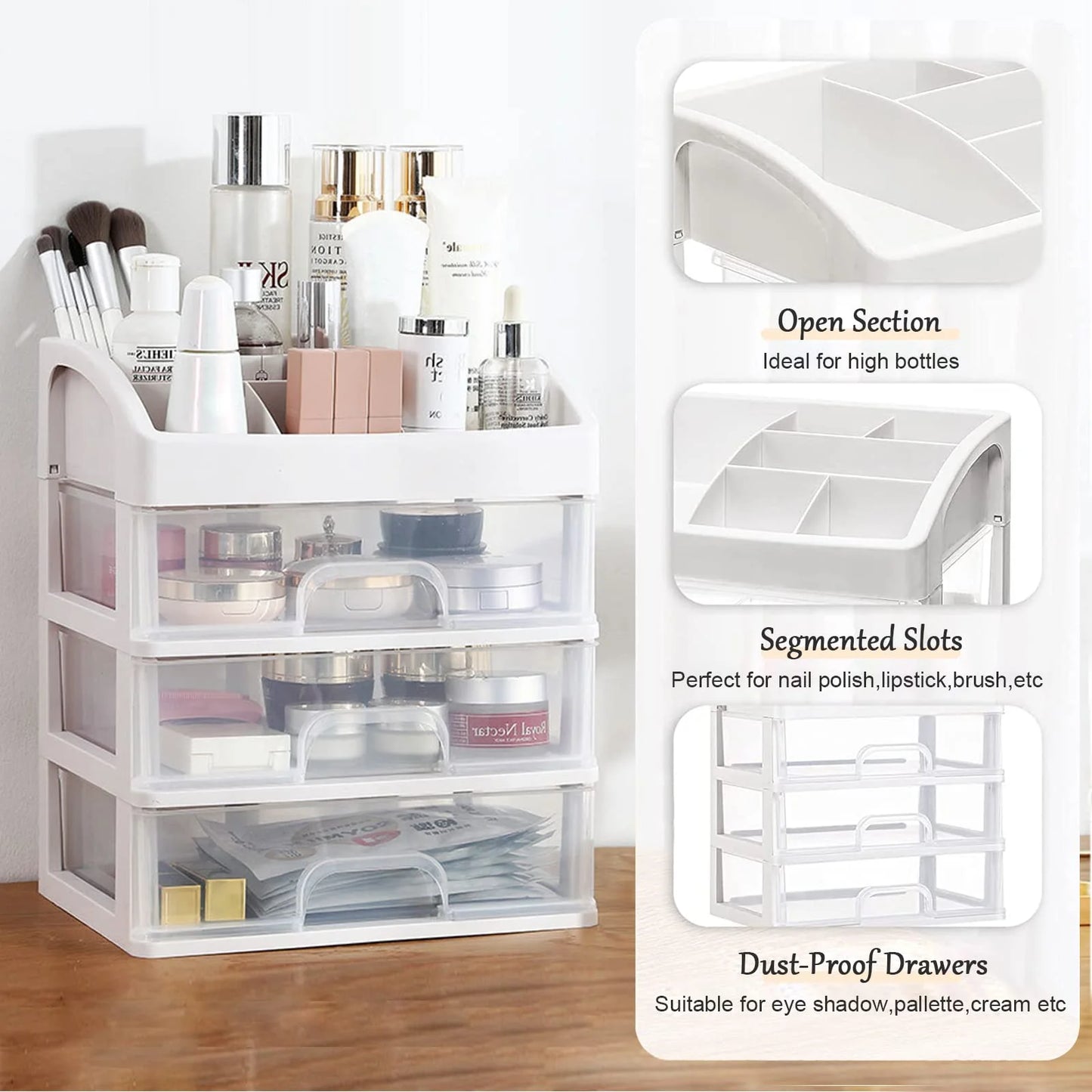 Cosmetic Organizer with 3 Drawers Skincare Organizer Suitable for Dressing Tablebathroom Counter and Dressing Table(White)