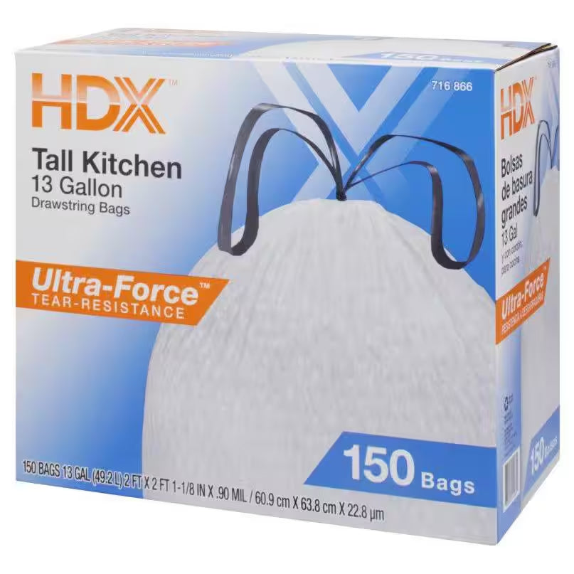 13 Gal. FLEX White Drawstring Kitchen Trash Bags (150 Count)