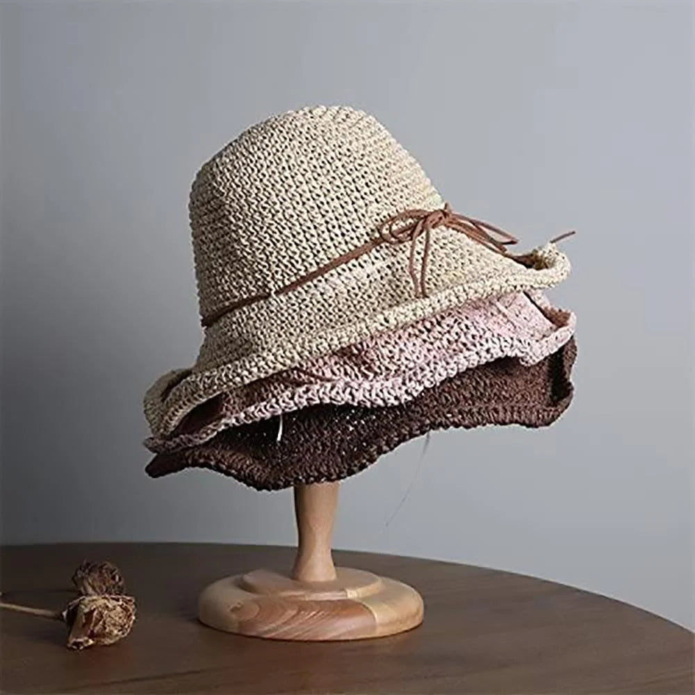 Womens Beach Sun Straw Hat Floppy Straw Sun Hat Travel Foldable Brim Summer Outdoor Sun Visor Hat for Women Girl Summer Outdoor Shade Tied Bow Foldable Hand-Woven,Beige
