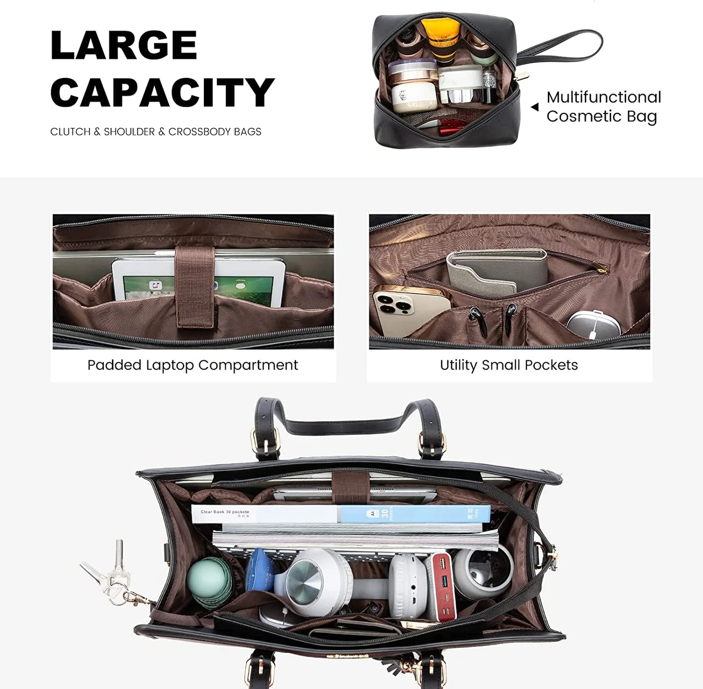 Laptop Tote Bag for Women,Pu Leather Laptop Purses,Large Capacity Laptop Bag Computer Bag with Clutch Purse for Business,Work,Study,Office,Travel-Black