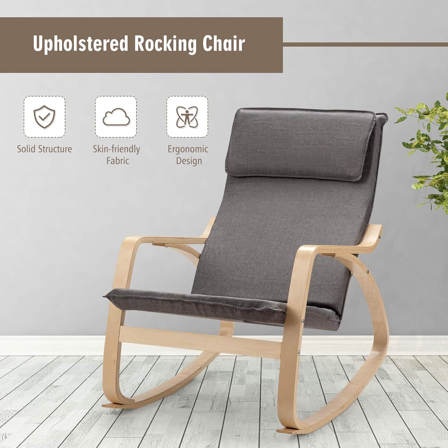 Rocking Chair with Removable Upholstered Cushion, Stable Wooden Frame Relaxing Modern Leisure Armchair Suitable for Living Room, Bedroom, Balcony, Nursery Room Ergonomic Chair (2, Gray)