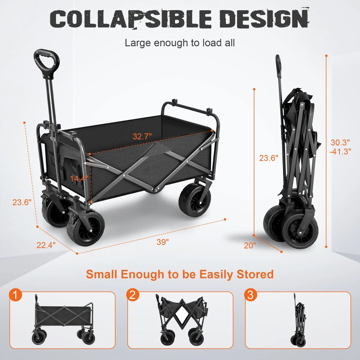 560Lbs Collapsible Folding Wagon, Big Bucket Beach Cart, Heavy Duty Large Capacity Garden Wagon with Multi-Terrain Brake Wheels for Outdoor Camping, Shopping, Sports, Grocery, Kids, Black