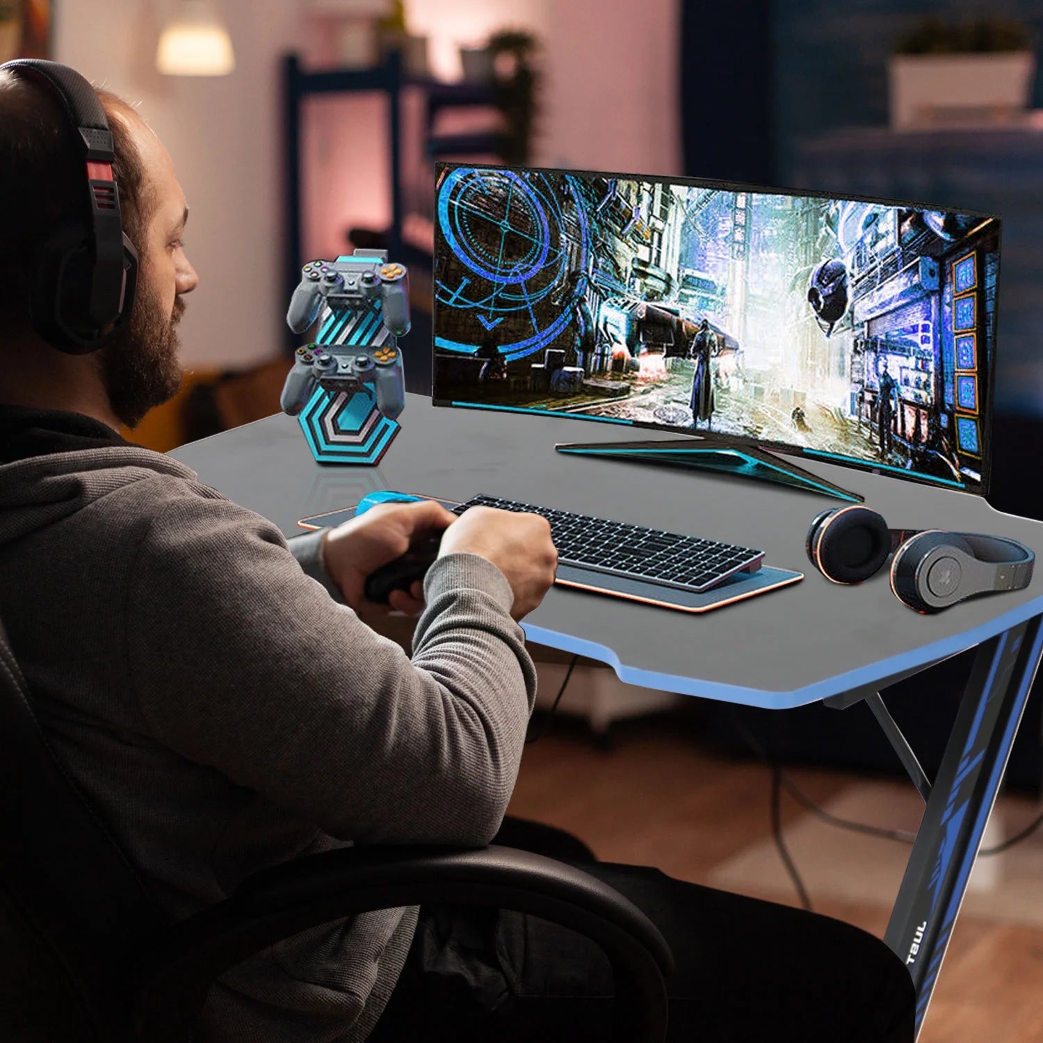 39 Inch Small Gaming Desk, Z Shaped PC Computer Desk Gaming Workstation with Headphone Hook, Ergonomic Gaming Table PC Desk for Game Players, Blue