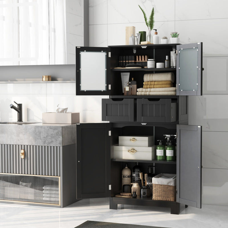 4 Door Freestanding Bathroom Floor Storage Cabinet with 2 Drawers and Glass Doors